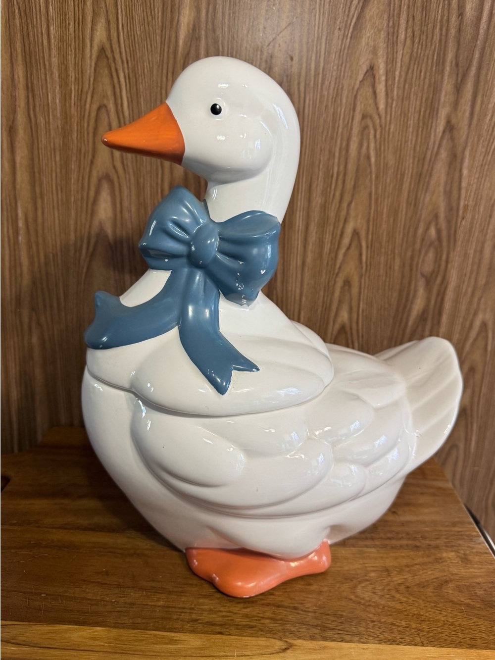 Vintage Mother Goose Ceramic Cookie Jar Blue Ribbon Bow Orange Feet Cottage Core